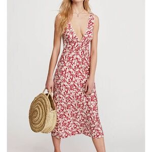 Free People Red Cream Floral Deep Vneck Midi Dress
